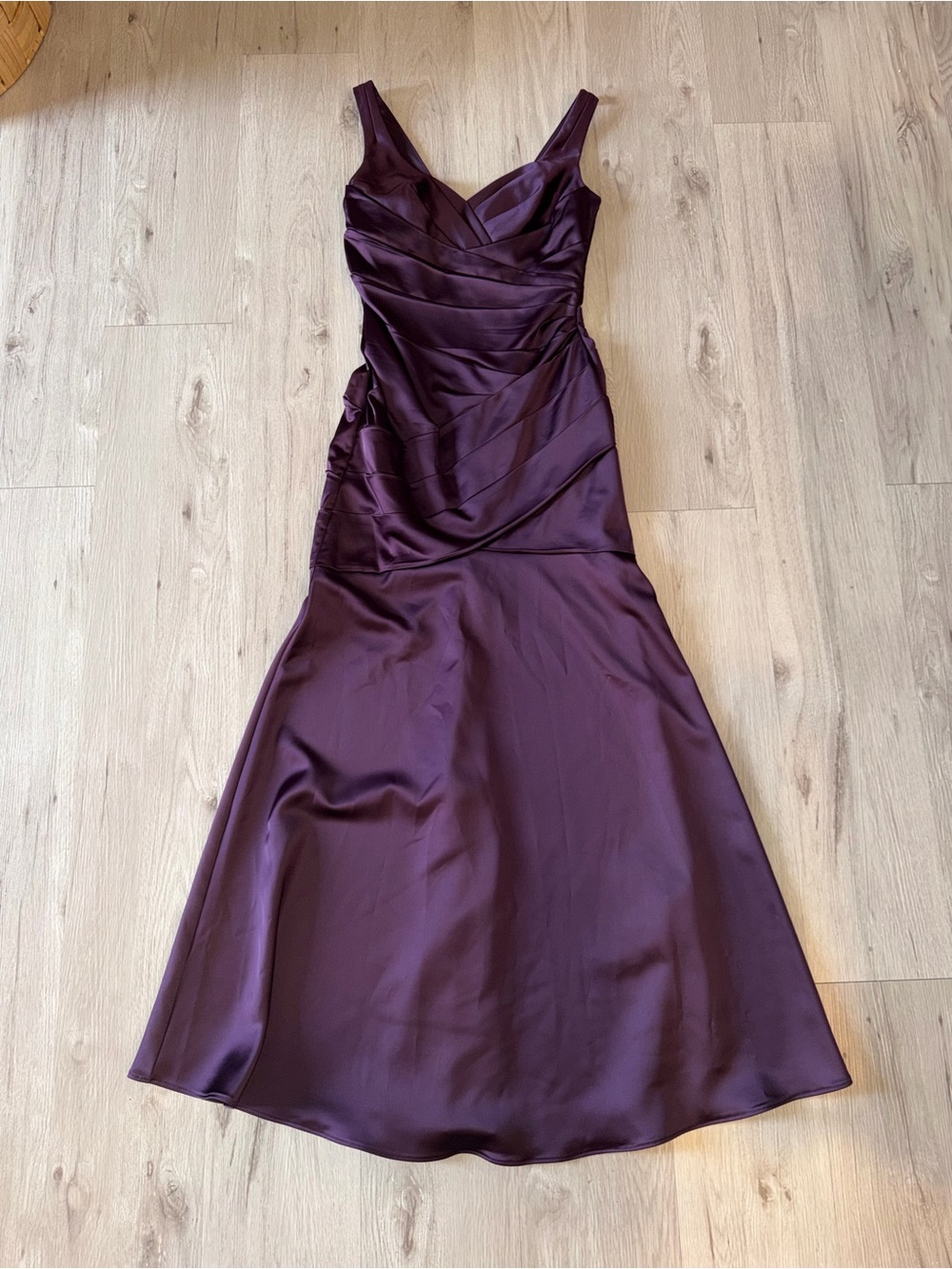 David's Bridal Deep Plum Satin V-Neck Maxi Dress